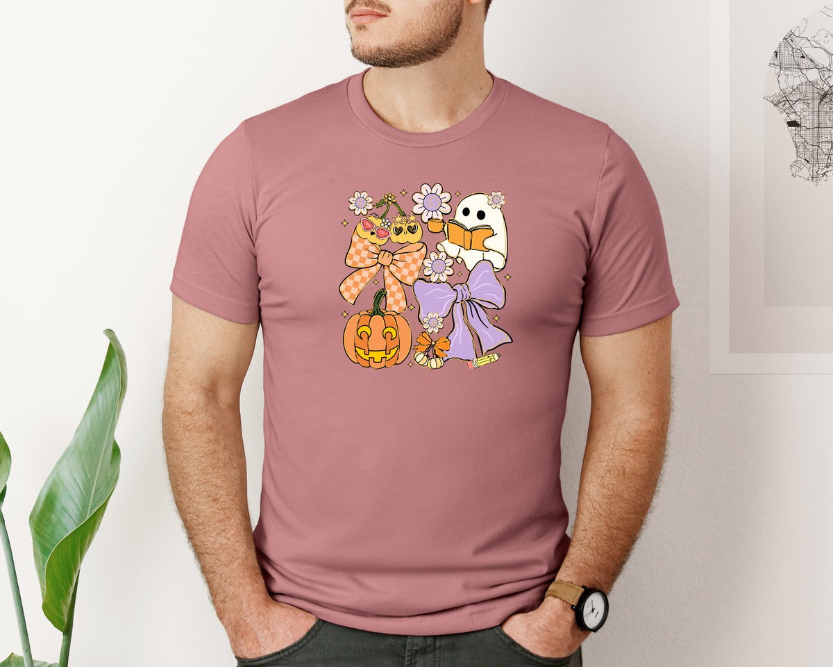 brand:Bella Canvas|color:Heather Mauve|Spooky Teacher Halloween Coquette 2 Graphic T-Shirt