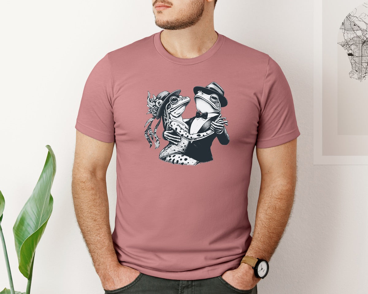 brand:Bella Canvas|color:Heather Mauve|Frogs Couple Tango Dancing 90S Retro Graphic T-Shirt