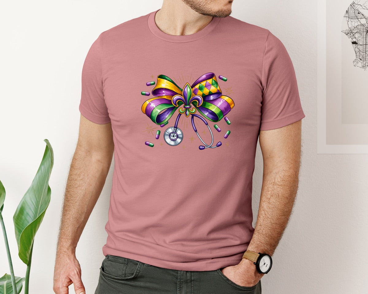 brand:Bella Canvas|color:Heather Mauve|Nurse Mardi Gras Coquette Bow 2 Graphic T-Shirt