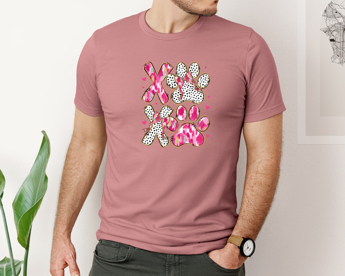 brand:Bella Canvas|color:Heather Mauve|Xoxo Valentines Day Coquette Dog Paw Graphic T-Shirt