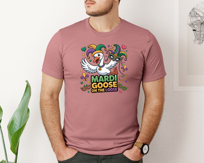 brand:Bella Canvas|color:Heather Mauve|Mardi Goose On The Loose Mardi Gras Graphic T-Shirt