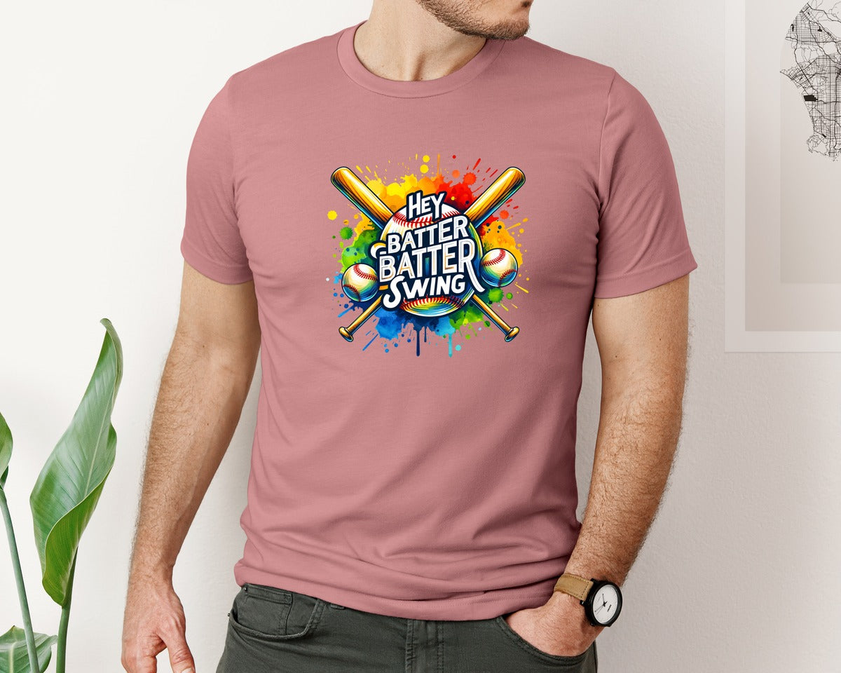 brand:Bella Canvas|color:Heather Mauve|Baseball Hey Batter Batter Swing Graphic T-Shirt