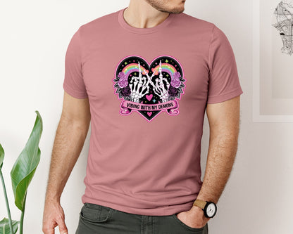 brand:Bella Canvas|color:Heather Mauve|Vibing With My Demons Dark Cute Graphic T-Shirt
