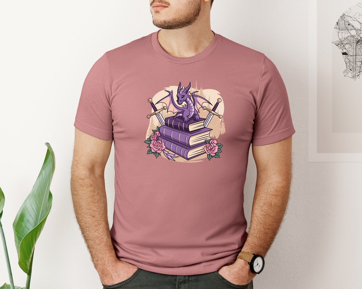 brand:Bella Canvas|color:Heather Mauve|Purple Dragon On Fantasy Books 4 Graphic T-Shirt