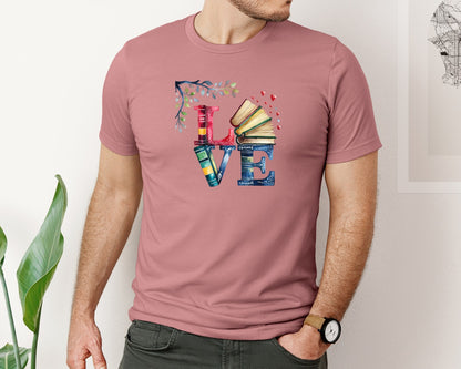 brand:Bella Canvas|color:Heather Mauve|Book Love Bookish Hearts Graphic T-Shirt