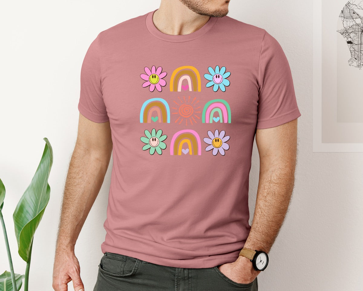 brand:Bella Canvas|color:Heather Mauve|Summer Spring Flower Daisy Retro Rainbow Graphic T-Shirt