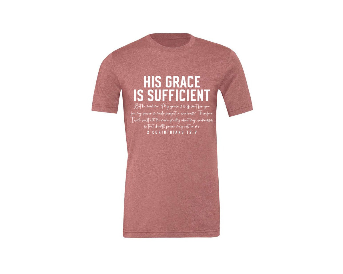 brand:Generic|color:Heather Mauve|His Grace Is Sufficient 2 Corinthian Graphic T-Shirt