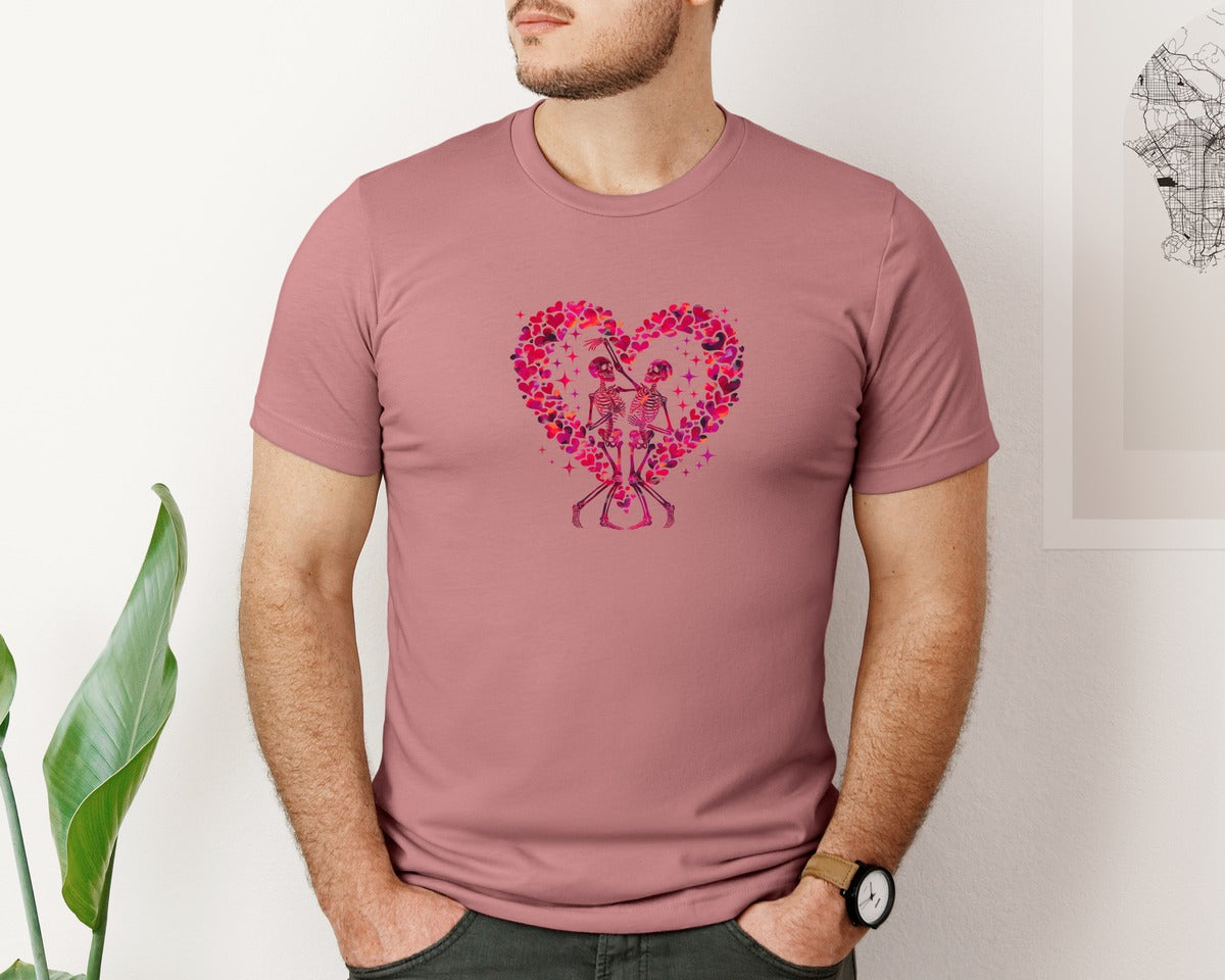 brand:Bella Canvas|color:Heather Mauve|Skeleton Couple Heart Of Love Valentine Graphic T-Shirt