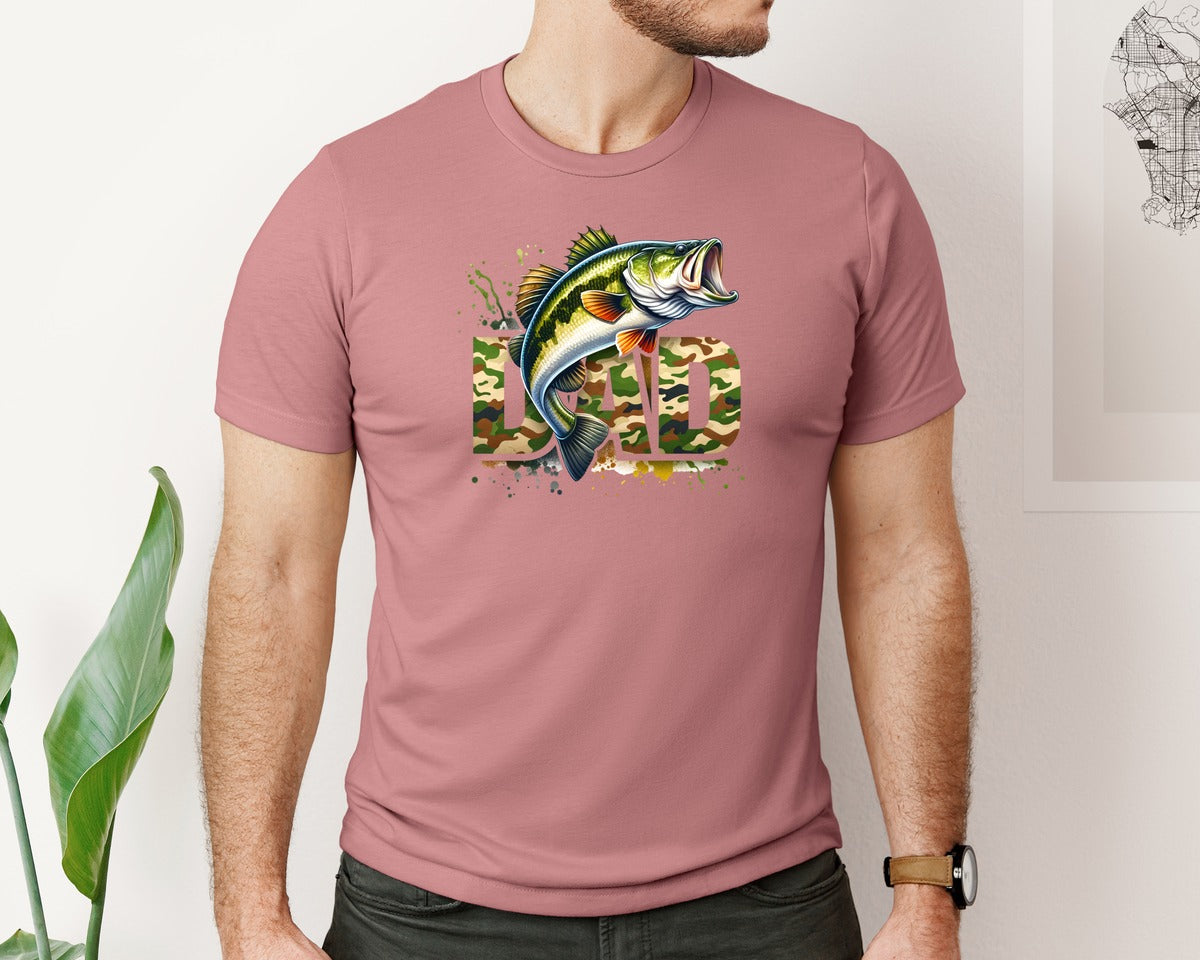 brand:Bella Canvas|color:Heather Mauve|Camouflage Dad Largemouth Bass Fish Graphic T-Shirt