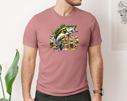 brand:Bella Canvas|color:Heather Mauve|Camouflage Dad Largemouth Bass Fish Graphic T-Shirt