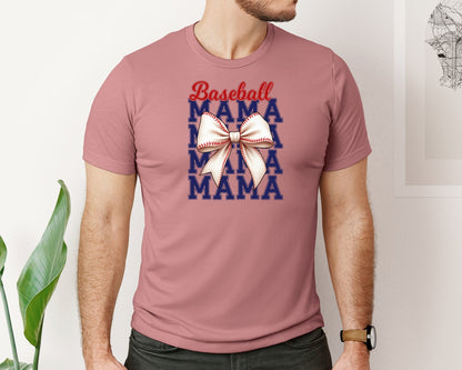 brand:Bella Canvas|color:Heather Mauve|Baseball Mama Mom Coquette Bow Game Graphic T-Shirt