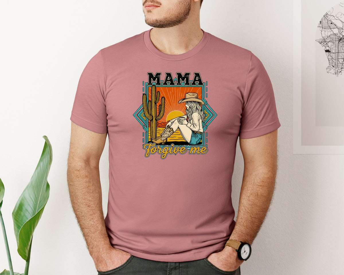 brand:Bella Canvas|color:Heather Mauve|Mama Forgive Me Country Cowgirl Graphic T-Shirt