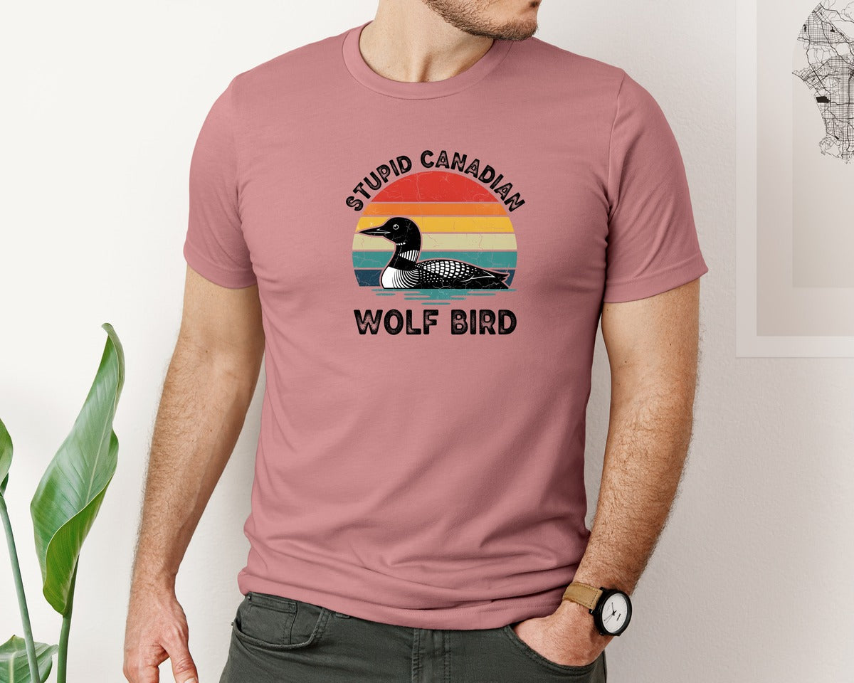 brand:Bella Canvas|color:Heather Mauve|Retro Stupid Canadian Wolf Bird Graphic T-Shirt