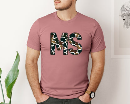 brand:Bella Canvas|color:Heather Mauve|Camo Ms Mississippi State Abbreviation Graphic T-Shirt