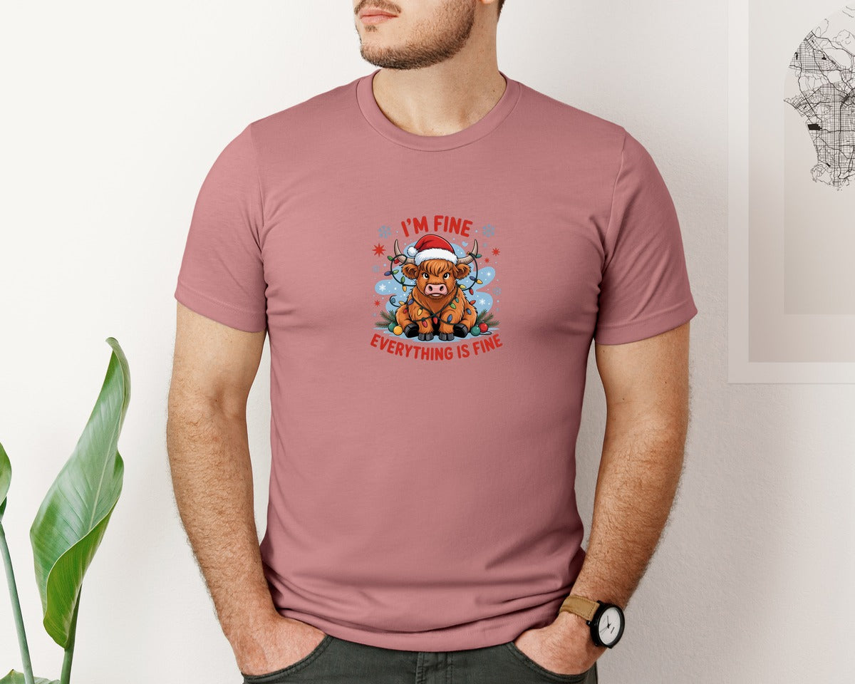 brand:Bella Canvas|color:Heather Mauve|Highland Cow Christmas Lights Im Fine Graphic T-Shirt