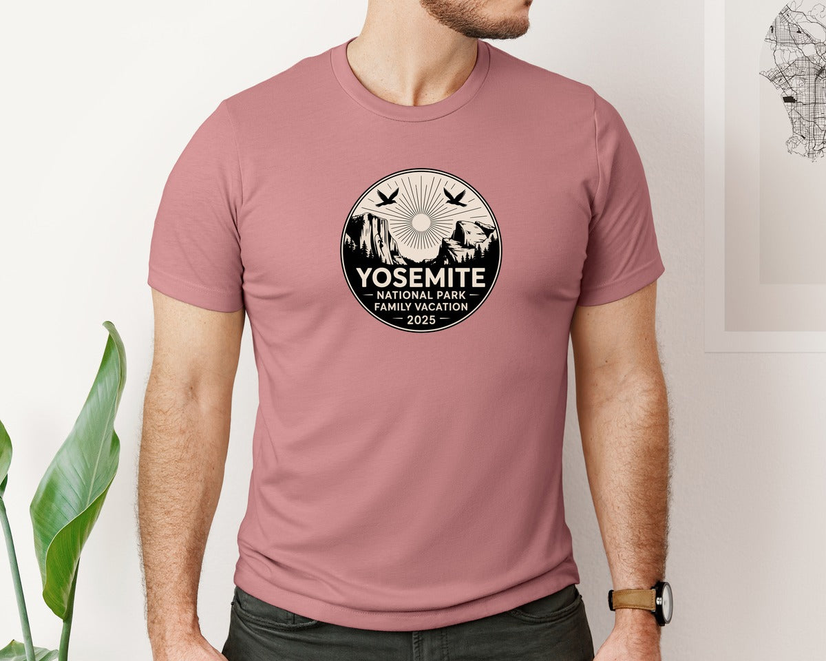 brand:Bella Canvas|color:Heather Mauve|Yosemite Family Vacation Badge 2025 Graphic T-Shirt