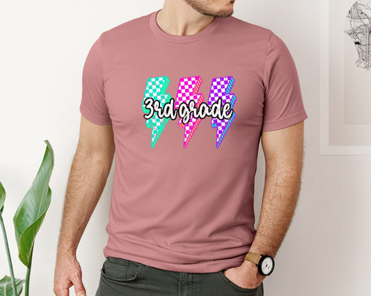 School Grade Checkered Lightning Neon Graphic T-Shirt