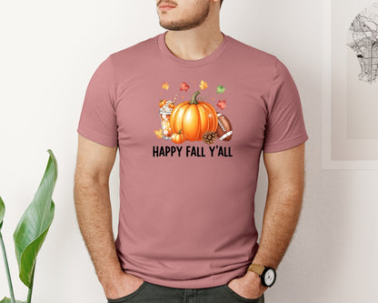 brand:Bella Canvas|color:Heather Mauve|Happy Fall Yall Pumpkin Football Autumn Graphic T-Shirt