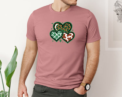 brand:Bella Canvas|color:Heather Mauve|Shamrock Leopard Hearts Illustration Graphic T-Shirt