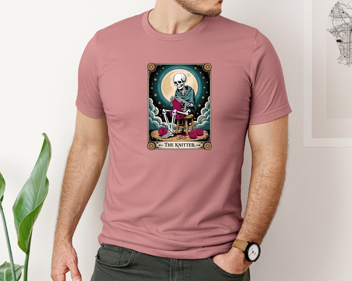 brand:Bella Canvas|color:Heather Mauve|Mystic Knitter Skeleton Tarot Art Graphic T-Shirt