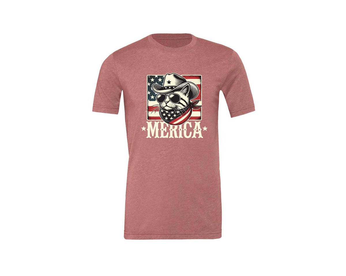 brand:Generic|color:Heather Mauve|Merica Cat Patriotic Cowboy Cat Graphic T-Shirt