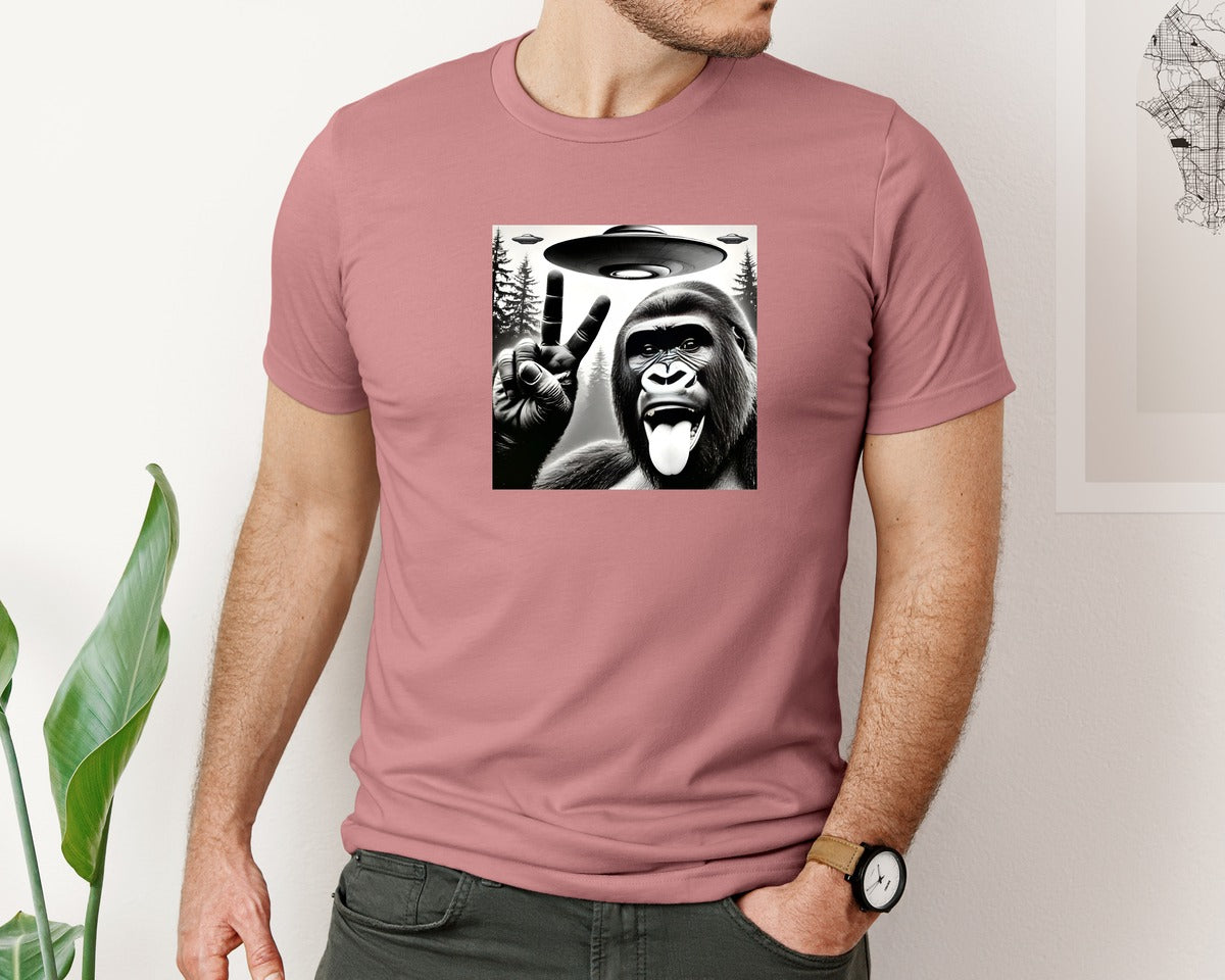 brand:Bella Canvas|color:Heather Mauve|Sasquatch Bigfoot Selfie With Ufo Alien Graphic T-Shirt