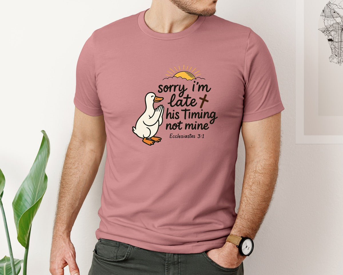 brand:Bella Canvas|color:Heather Mauve|Sorry Im Late Bible Verse Pngfaith Graphic T-Shirt