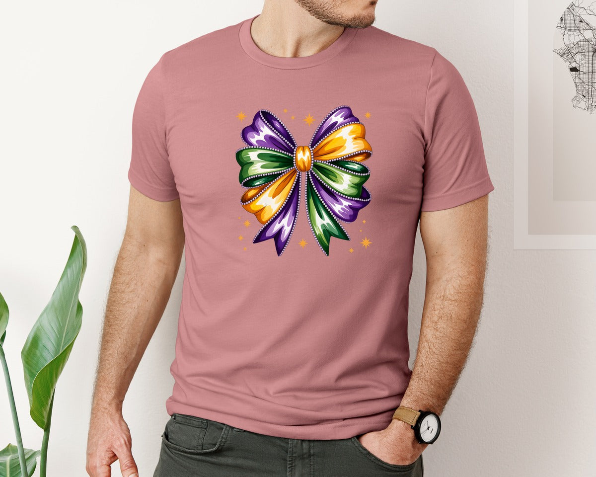 brand:Bella Canvas|color:Heather Mauve|Mardi Gras Coquette Bow Mardi Gras 2 Graphic T-Shirt