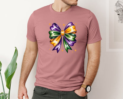 brand:Bella Canvas|color:Heather Mauve|Mardi Gras Coquette Bow Mardi Gras 2 Graphic T-Shirt