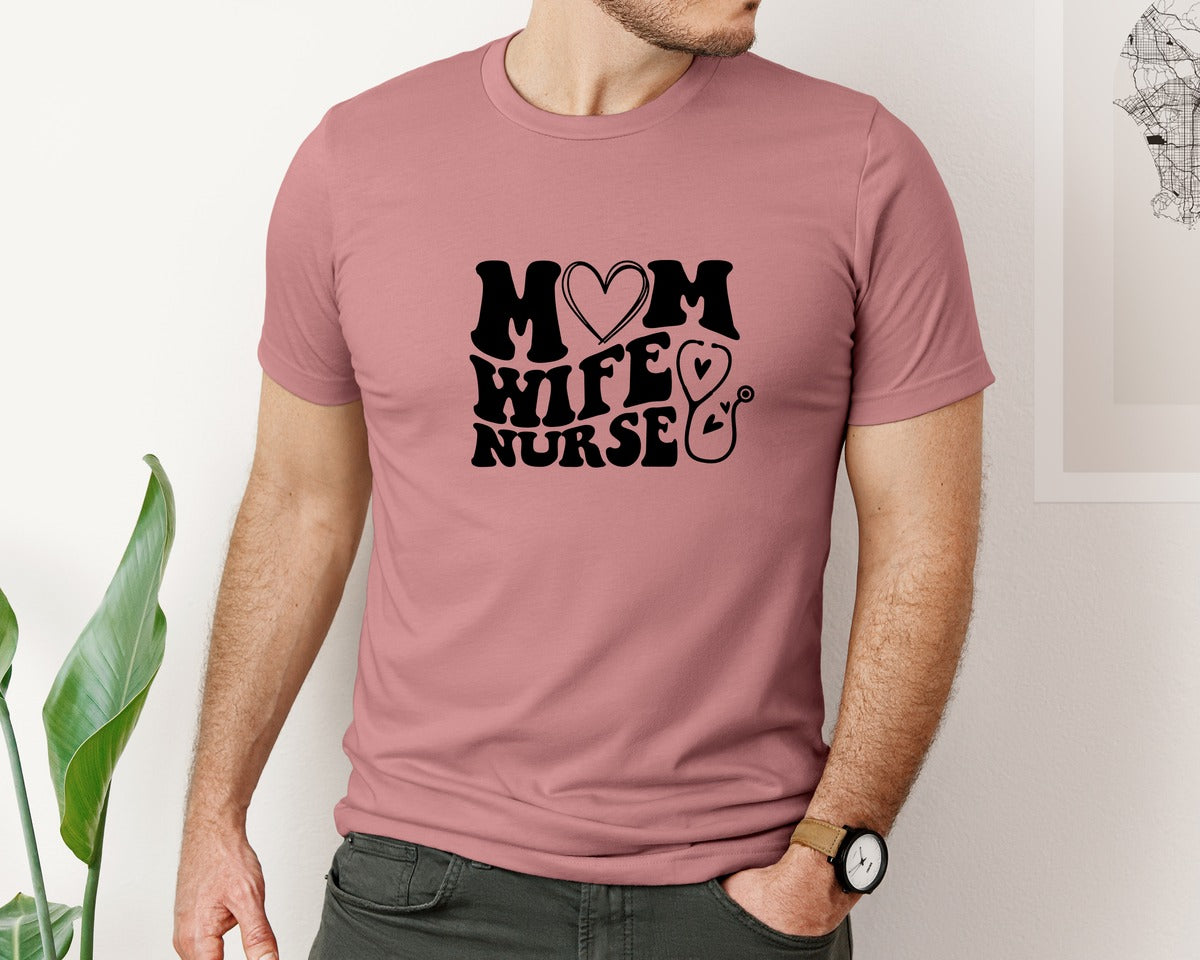 brand:Bella Canvas|color:Heather Mauve|Mom Wife Nurse Wavy Graphic T-Shirt
