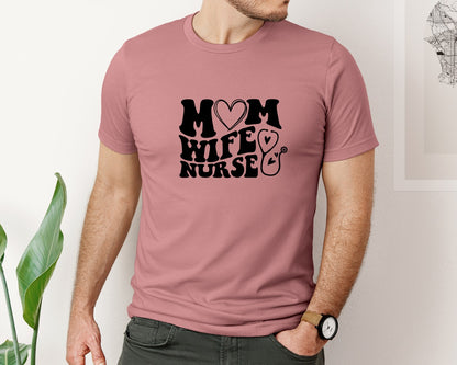 brand:Bella Canvas|color:Heather Mauve|Mom Wife Nurse Wavy Graphic T-Shirt