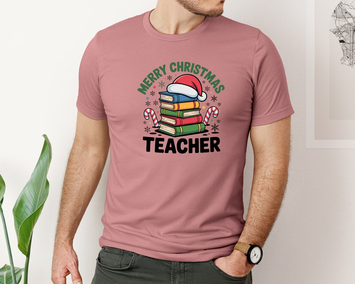 brand:Bella Canvas|color:Heather Mauve|Merry Christmas Teacher Design Graphic T-Shirt