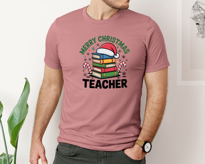 brand:Bella Canvas|color:Heather Mauve|Merry Christmas Teacher Design Graphic T-Shirt