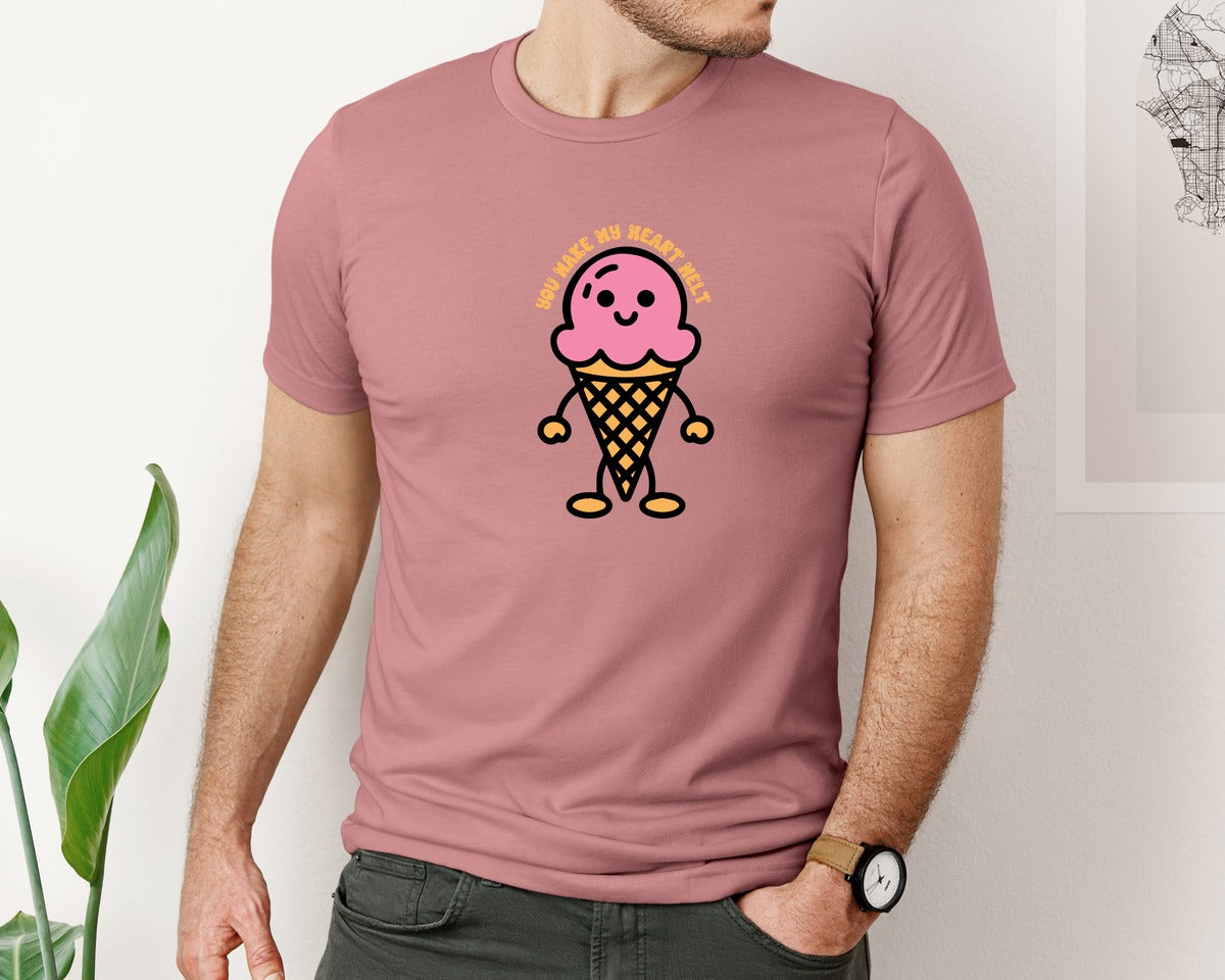 brand:Bella Canvas|color:Heather Mauve|You Make My Heart Melt Cute Ice Cream Graphic T-Shirt