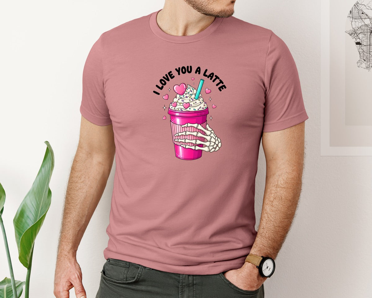 brand:Bella Canvas|color:Heather Mauve|Coffee Cup With Skeleton Hand Valentine Graphic T-Shirt