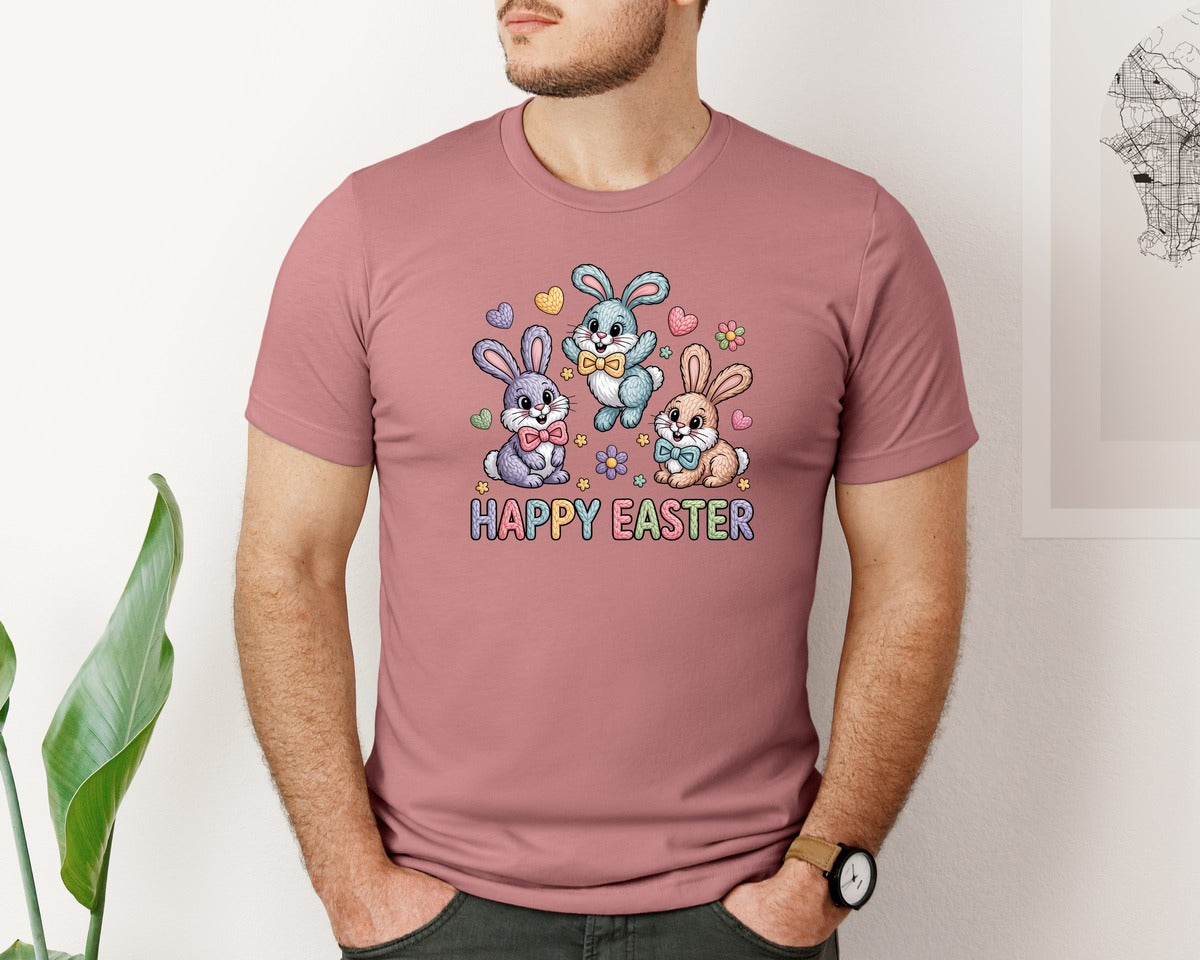 brand:Bella Canvas|color:Heather Mauve|Faux Yarn Happy Easter Bunny 2 Graphic T-Shirt