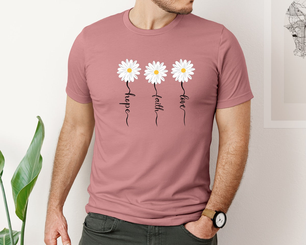 brand:Bella Canvas|color:Heather Mauve|Faith Hope Love Daisy Daisy 3 Graphic T-Shirt