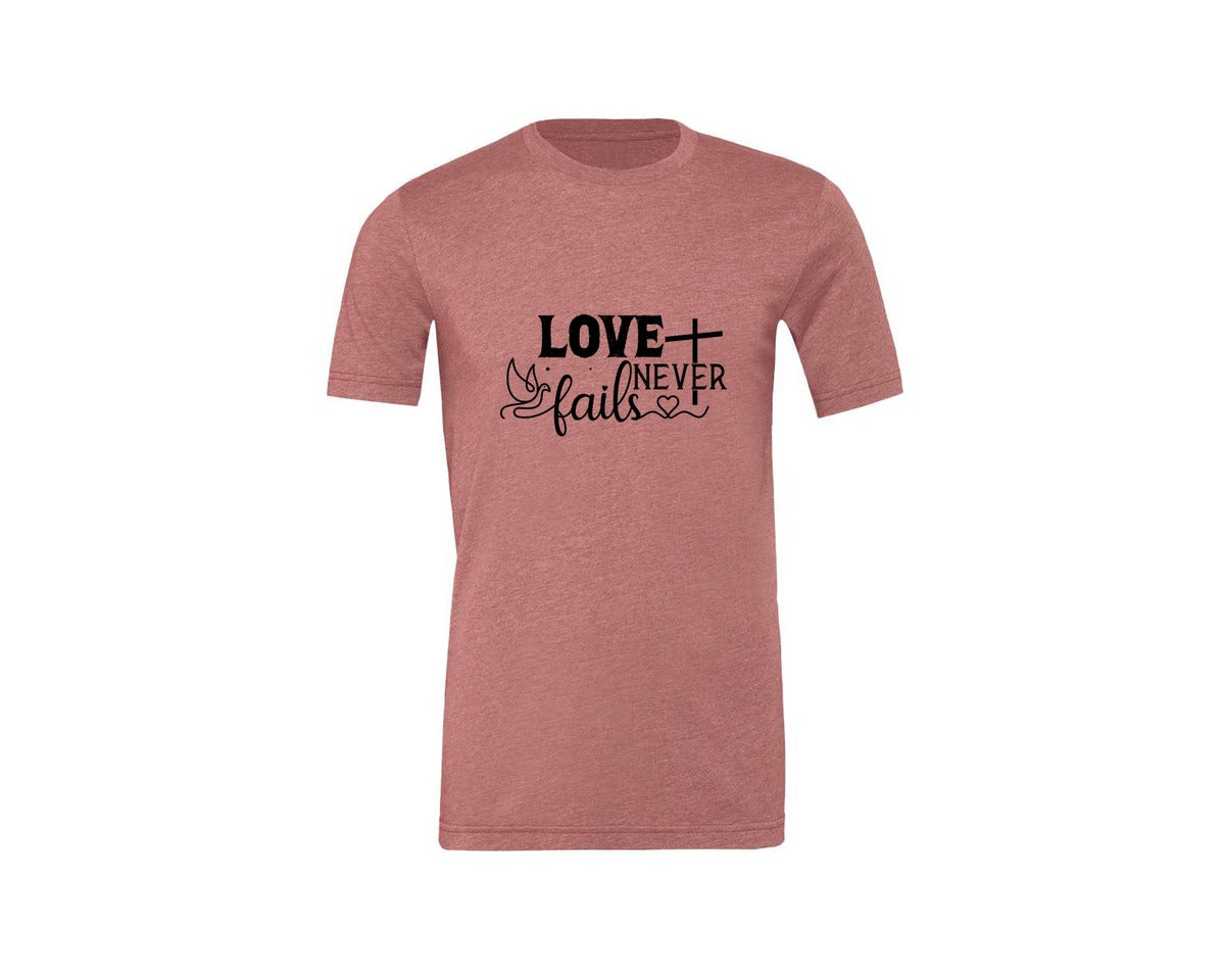 brand:Generic|color:Heather Mauve|Love Never Fails Sleeve Svgbible Quotes Graphic T-Shirt