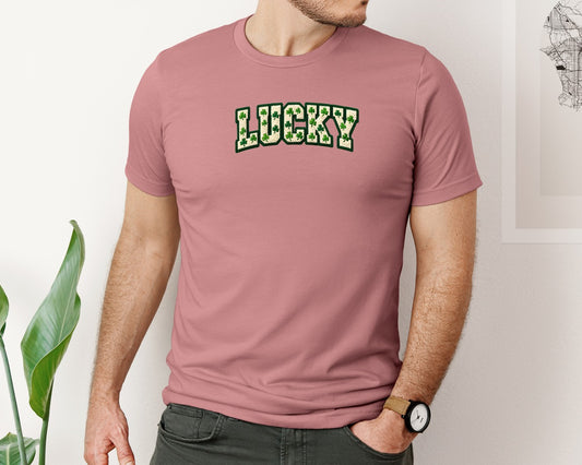 Lucky Clover Faux Yarn Lettering Graphic T-Shirt