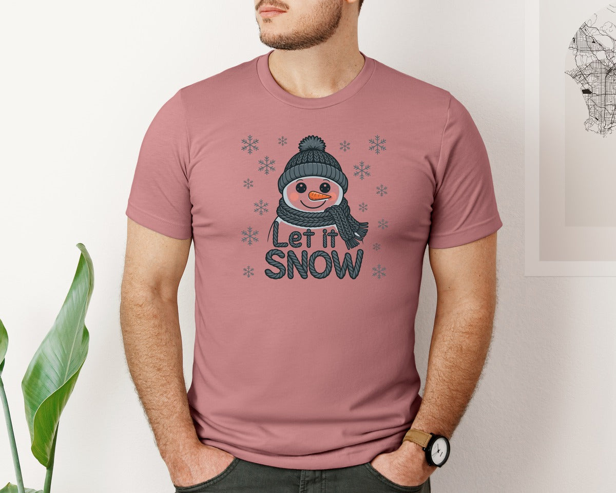 brand:Bella Canvas|color:Heather Mauve|Knitted Style Let It Snow Snowman Graphic T-Shirt