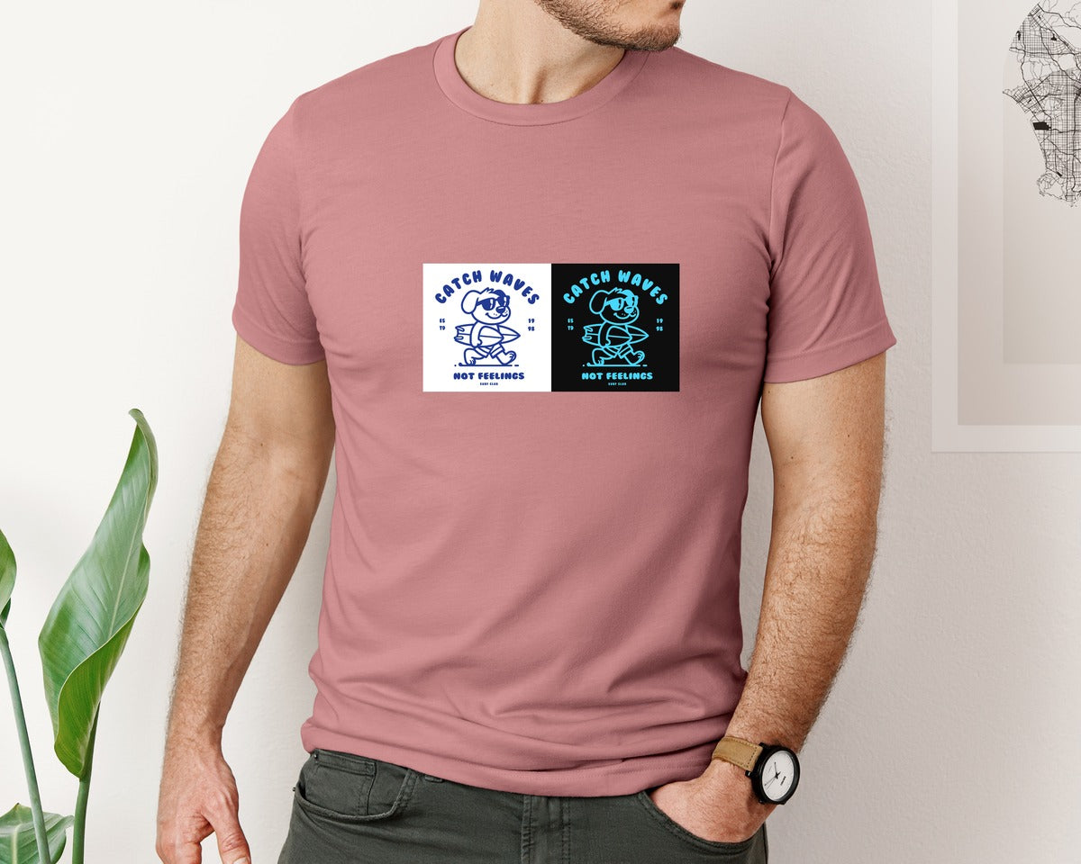 brand:Bella Canvas|color:Heather Mauve|Surf Dog Catch Waves Not Feelings Graphic T-Shirt