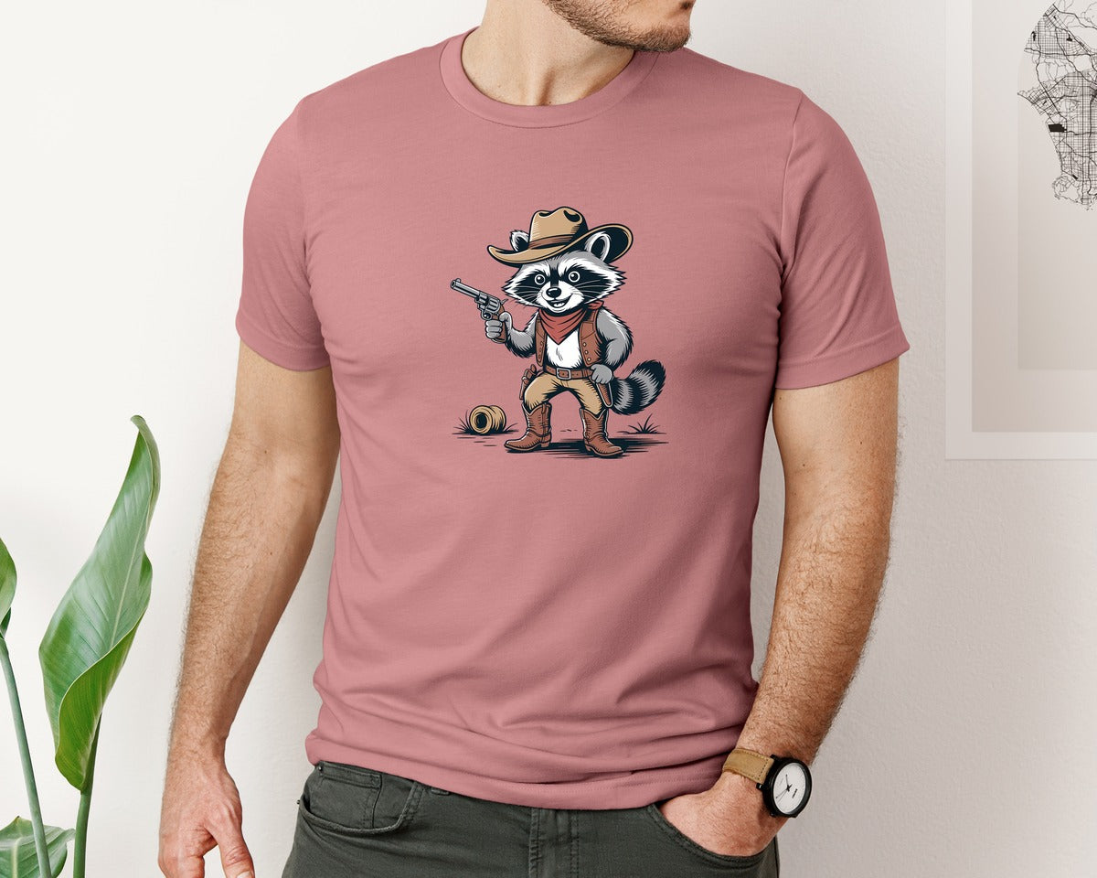 brand:Bella Canvas|color:Heather Mauve|Funny Cowboy Racoon Graphic T-Shirt