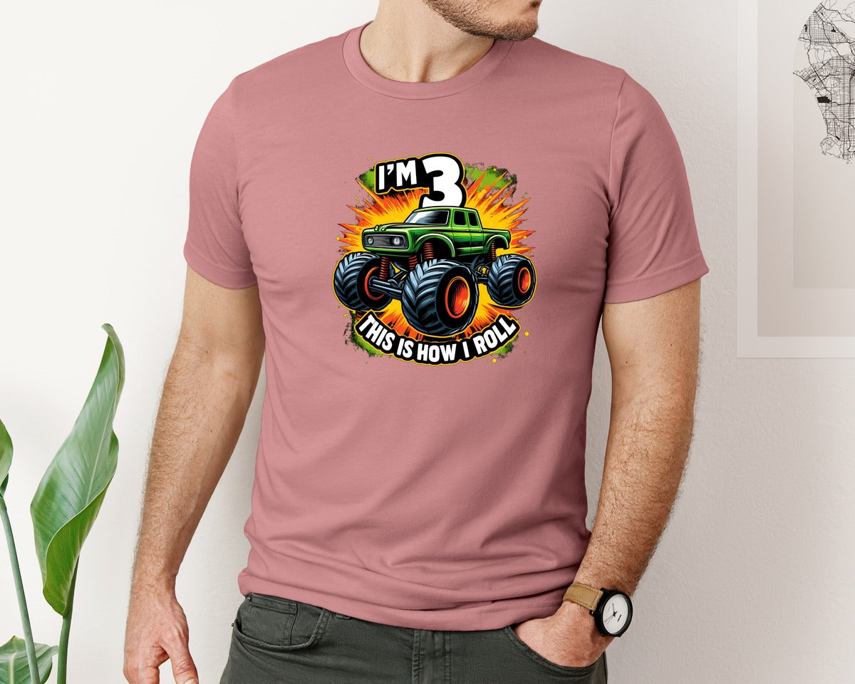 brand:Bella Canvas|color:Heather Mauve|Kids Im 3 Monster Truck 3Rd Graphic T-Shirt