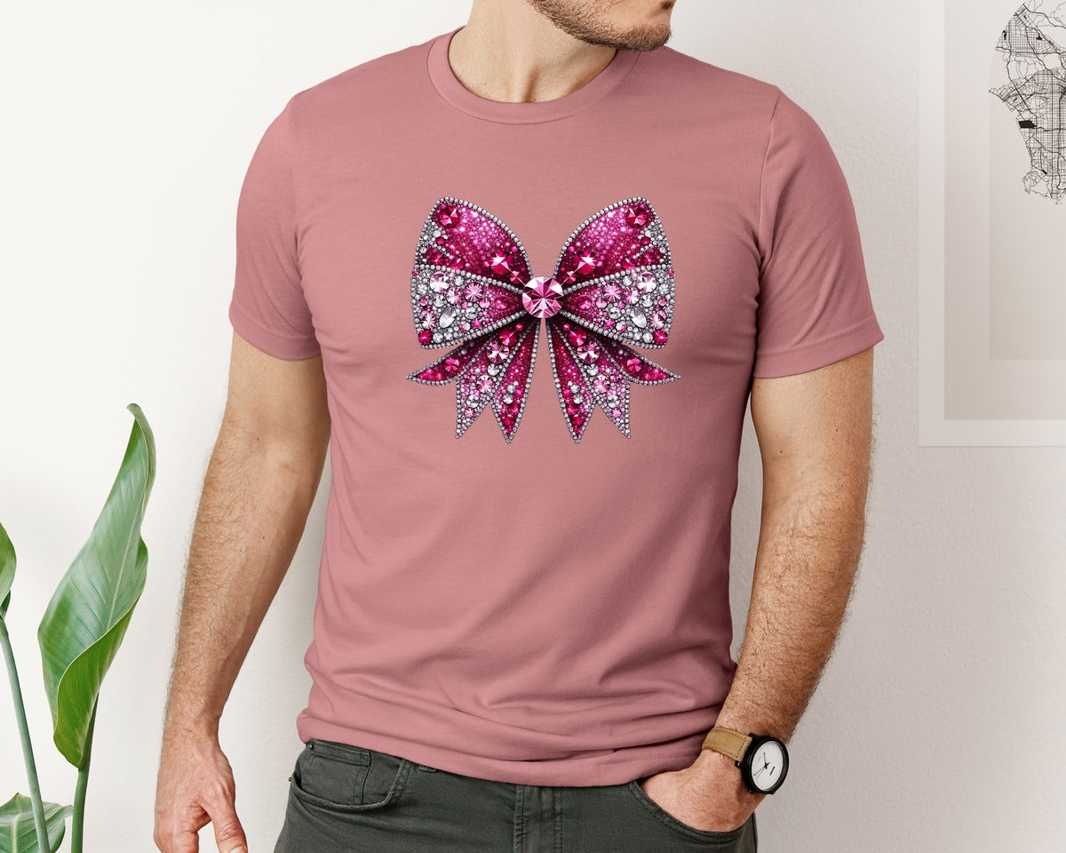 brand:Bella Canvas|color:Heather Mauve|3D Glitter Crystal Rhinestone Bow 2 Graphic T-Shirt