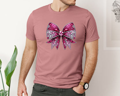 brand:Bella Canvas|color:Heather Mauve|3D Glitter Crystal Rhinestone Bow 2 Graphic T-Shirt