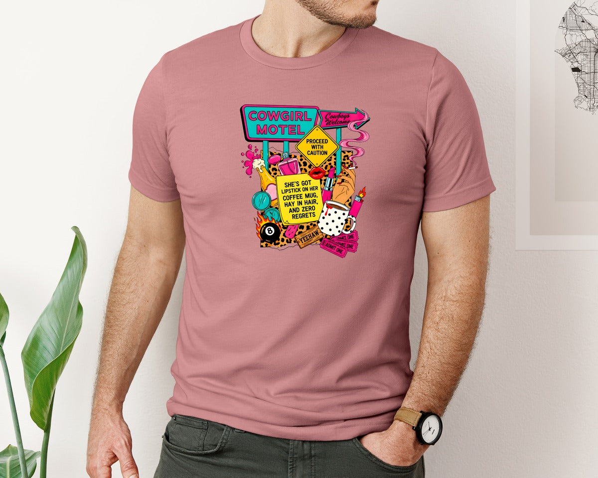 brand:Bella Canvas|color:Heather Mauve|Cowgirl Motel Collage Western Graphic T-Shirt