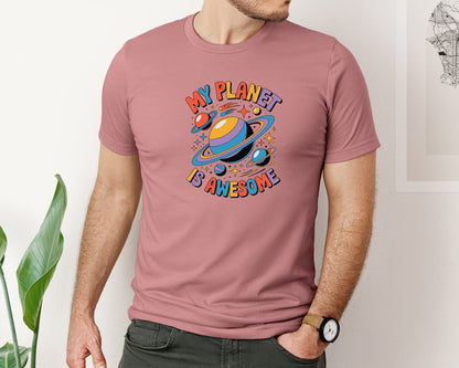 brand:Bella Canvas|color:Heather Mauve|My Planet Is Awesome Space Adventure Graphic T-Shirt