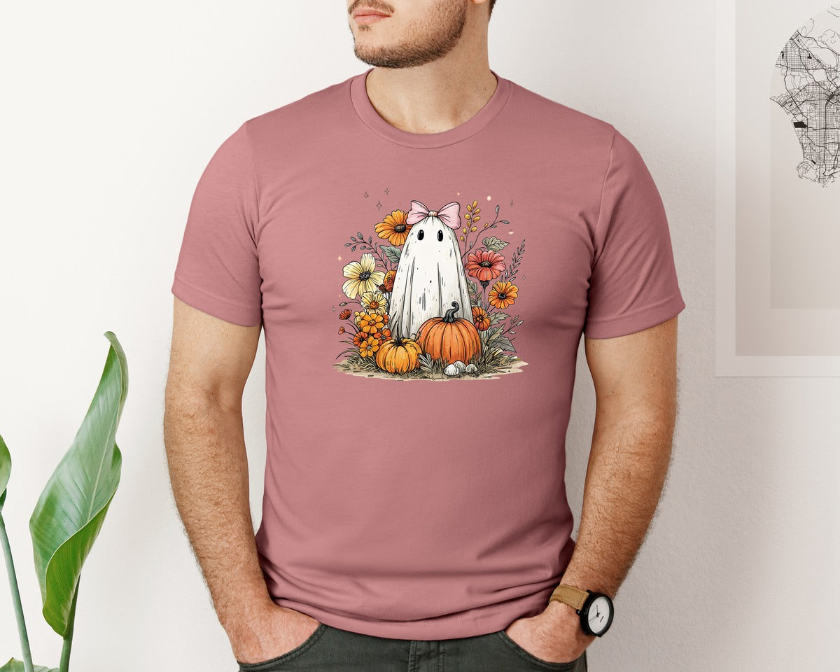 brand:Bella Canvas|color:Heather Mauve|Halloween Fall Ghost Floral Pumpkin 3 Graphic T-Shirt