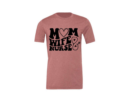 brand:Generic|color:Heather Mauve|Mom Wife Nurse Wavy Graphic T-Shirt