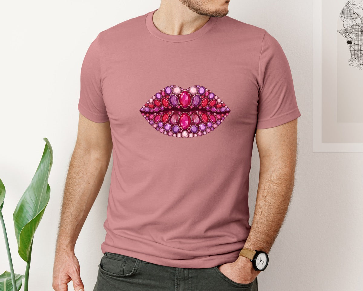 brand:Bella Canvas|color:Heather Mauve|Rhinestone Kiss Be Mine Valentine 2 Graphic T-Shirt